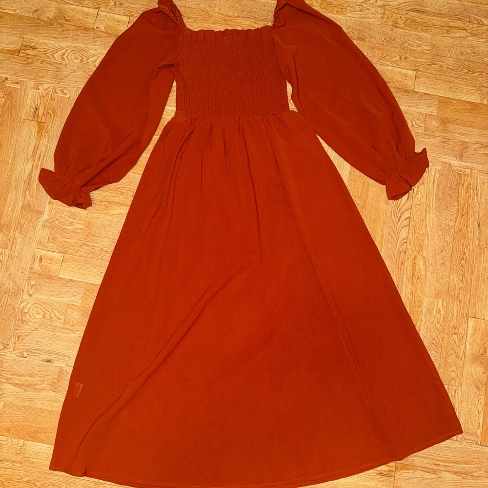 Burnt Orange Square Neck Smocked Long Puff Sleeve A Line midi Dress
